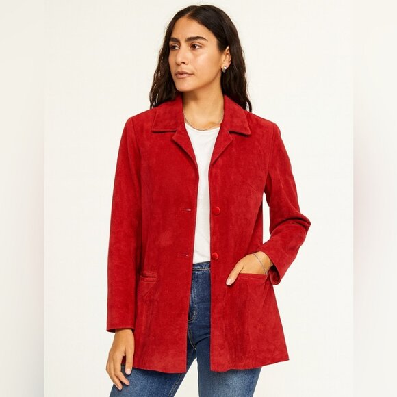 Vintage Danier Red Suede Leather Fall Academia Blazer Jacket Made in Canada XS - Picture 1 of 15